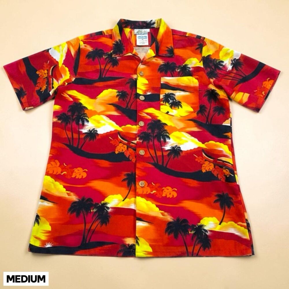 Vintage‎ 70s Hawaiian Button Up Short Sleeve Shirt Single Stitch Mens MEDIUM